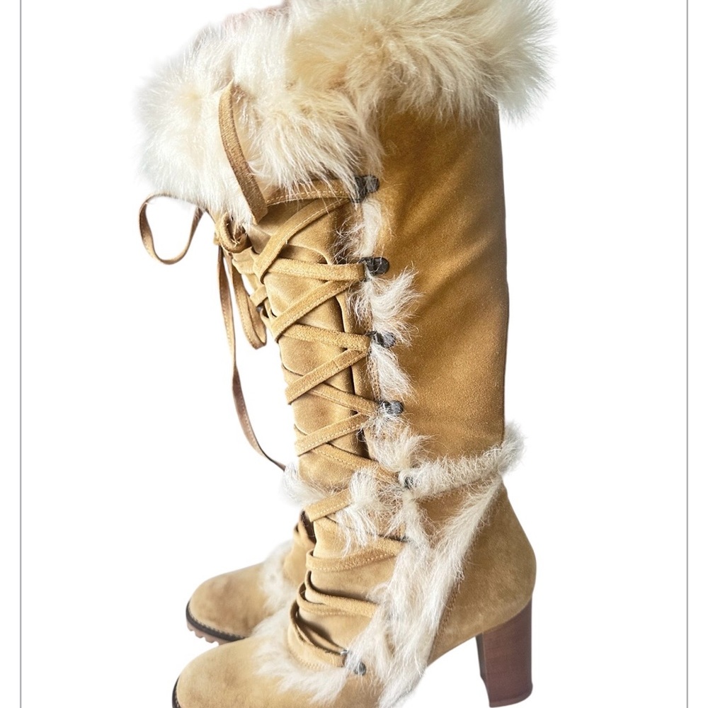 Faux Fur Lace-Up Knee-High Winter Coach Boots - Tan size 7.5 - Picture 9 of 9